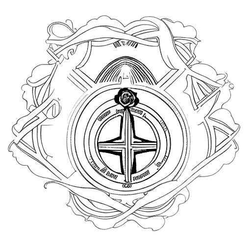 back of the miraculous medal with the words in Latin as an outline and roses tattoo design idea