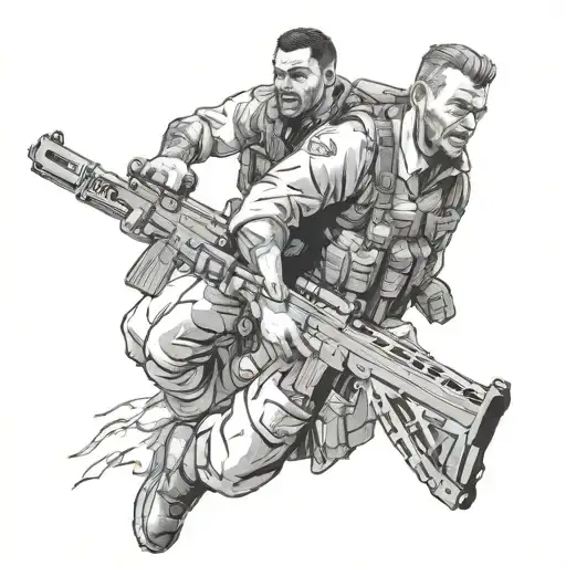 A tattoo design of Phillip Graves from Call of Duty, in a dynamic pose with guns blazing, in black-grey style tattoo design idea