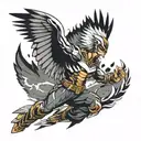 A tattoo design of Keigo Takami (Hawks) from My Hero Academia, showcasing his wings and heroic stance, with dotwork shading for added depth tattoo design idea