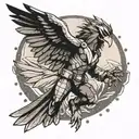 A tattoo design of Keigo Takami (Hawks) from My Hero Academia, showcasing his wings and heroic stance, with dotwork shading for added depth tattoo design idea