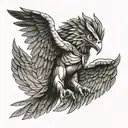 A tattoo design of Keigo Takami (Hawks) from My Hero Academia, showcasing his wings and heroic stance, with dotwork shading for added depth tattoo design idea
