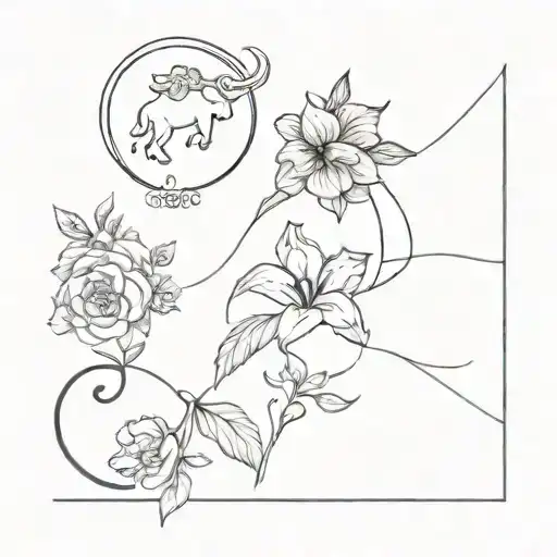 aries, aquarius, taurus, capricorn as small fine line tattoo with a few small flowers tattoo design idea