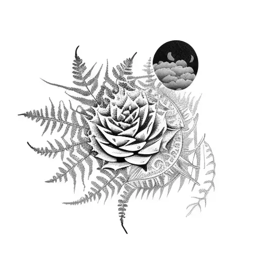 A fern and succulent bouquet with a moon and cat silhouette tattoo design idea