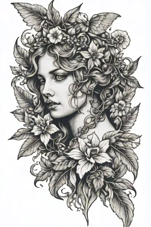 vintage angel linework faces eyes snakes foliage   tattoo design idea