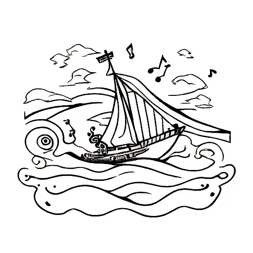 A minimalist tattoo of a boat on a lake, with musical notes flowing in the water tattoo design idea