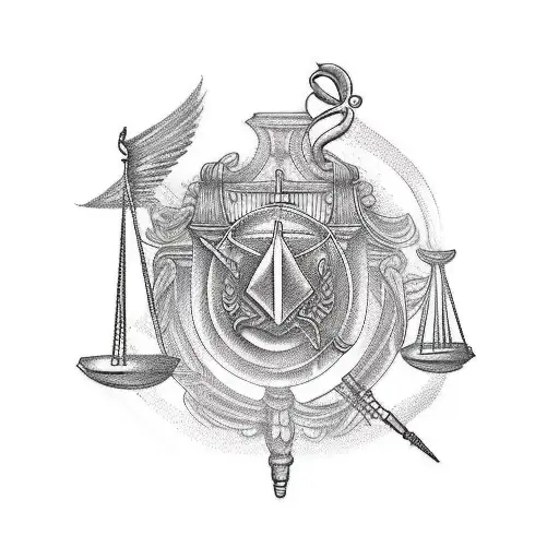 A tattoo design of a gavel and scales of justice intertwined with musical instruments to represent your passion for law and music tattoo design idea