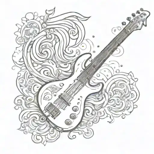 Create a bass guitar design incorporating intricate magical symbols and anime-inspired elements tattoo design idea