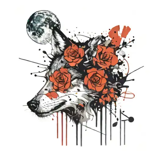 music, flowers, wolf and moon tattoo design idea