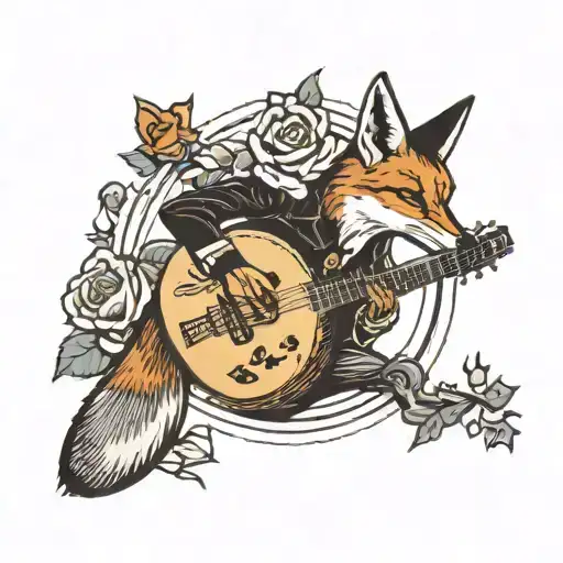A fox dancing flamenco with a guitar in hand and a rose in its mouth tattoo design idea