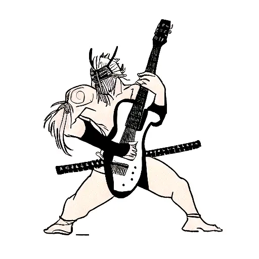 A minimalist tattoo of a samurai warrior holding a guitar in a heavy metal pose tattoo design idea