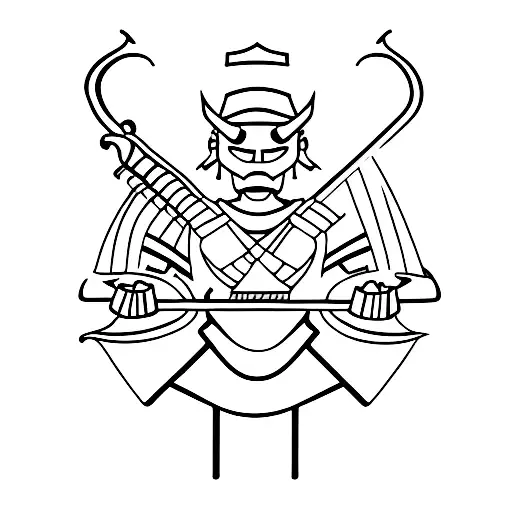 A minimalist tattoo of a samurai warrior holding a guitar in a heavy metal pose tattoo design idea