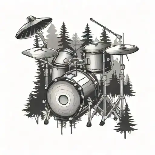 A tattoo design combining a drum set and a forest scene tattoo design idea