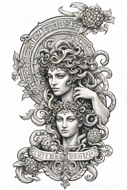 greek mythology inspired sleeve  tattoo featuring medusa, greek symbols, pomegranate,greek ruins,script writing tattoo design idea