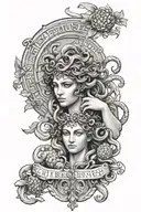 greek mythology inspired sleeve  tattoo featuring medusa, greek symbols, pomegranate,greek ruins,script writing tattoo design idea