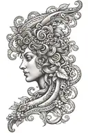 greek mythology inspired sleeve  tattoo featuring medusa, greek symbols, pomegranate,greek ruins,script writing tattoo design idea