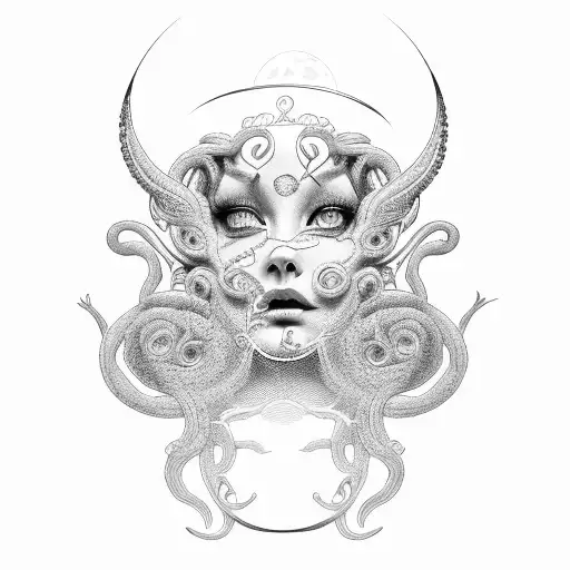 intense medusa with moon tattoo design idea
