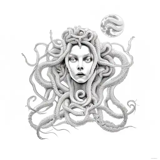 intense medusa with moon tattoo design idea