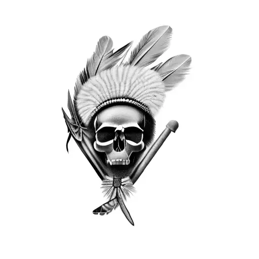a skull with a feathered hat and Taino Indian print on hat with negative space tattoo design idea