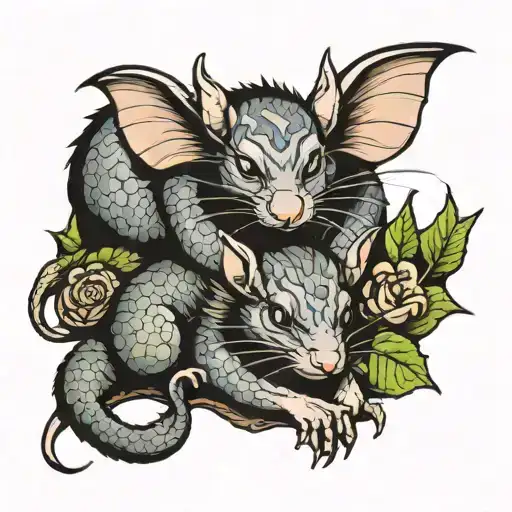 rat and dragon sleeping together tattoo design idea