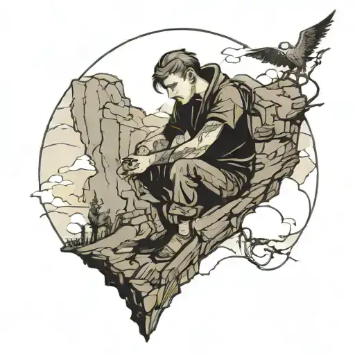 melancholic boy sitting on a cliff tattoo design idea
