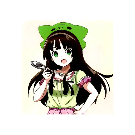kawai brunette girl with green eyes holding a little spoon tattoo design idea