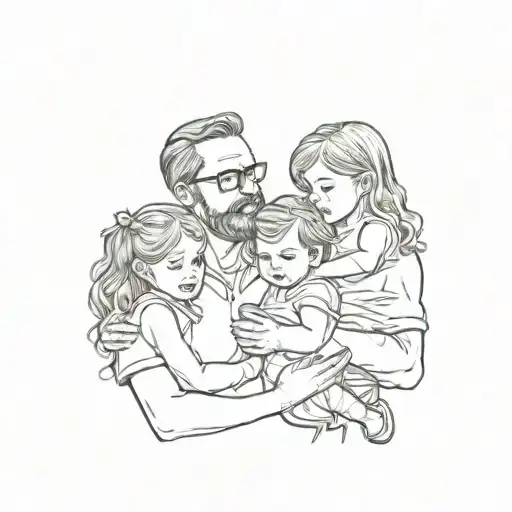 dad with 2 little girls in arms, cartoon style tattoo design idea