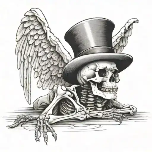 skeleton praying on floor wearing a top hat with angel eings drooping tattoo design idea
