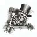 skeleton praying on floor wearing a top hat with angel eings drooping tattoo design idea