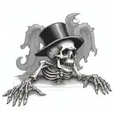 skeleton praying on floor wearing a top hat with angel eings drooping tattoo design idea