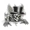 skeleton praying on floor wearing a top hat with angel eings drooping tattoo design idea