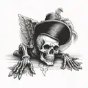 skeleton praying on floor wearing a top hat with angel eings drooping tattoo design idea