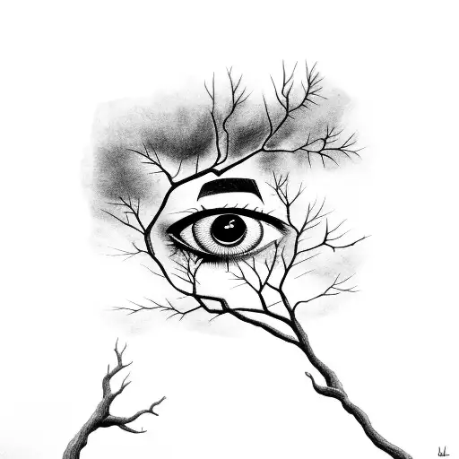 Black and Grey "Tree With Eye" Tattoo Idea BlackInk AI
