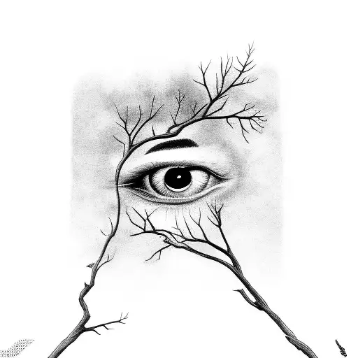 Black and Grey "Tree With Eye" Tattoo Idea BlackInk AI