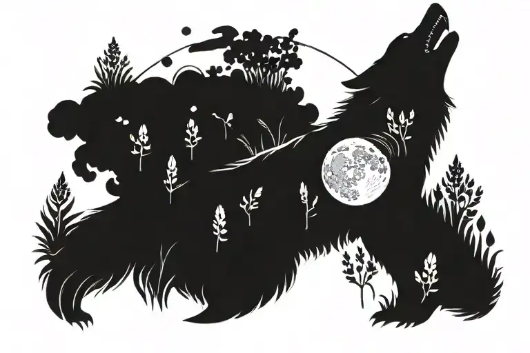 A blackwork tattoo of a wolf howling at the moon, surrounded by a field of blooming lupine flowers tattoo design idea