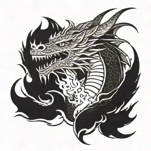 A fierce dragon breathing fire with a hidden samurai warrior in the flames tattoo design idea