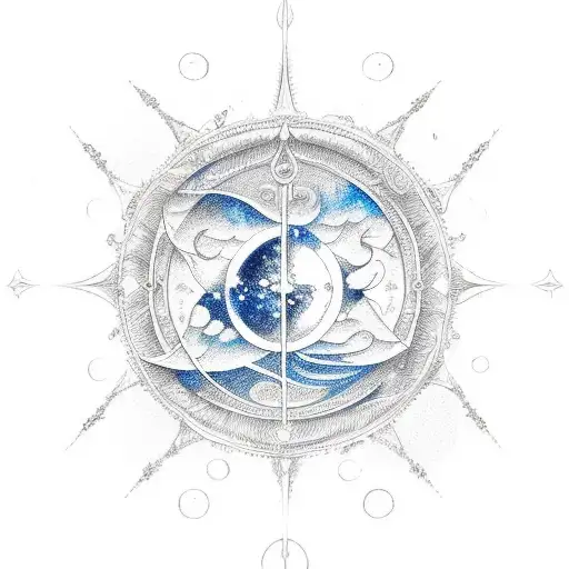 A celestial Pisces symbol adorned with delicate waves tattoo design idea