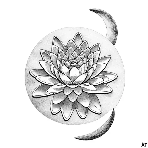 A mystical water lily blooming under a crescent moon and star tattoo design idea