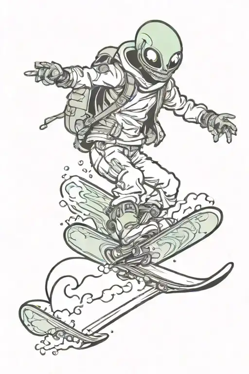 alien riding a snowboard season tattoo design idea