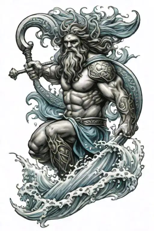 Design a tattoo featuring Poseidon emerging from the waves, holding a blue trident. Ensure he looks strong, epic tattoo design idea