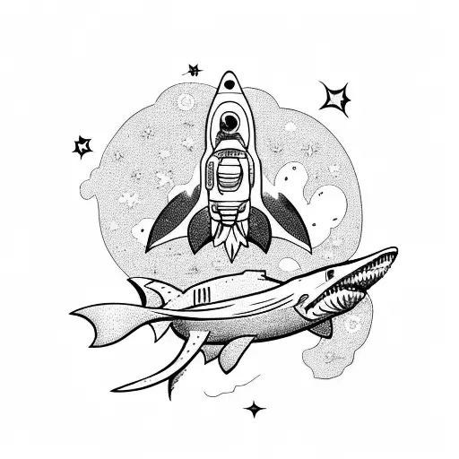 Astronaut riding a shark through a cosmic keyhole tattoo design idea