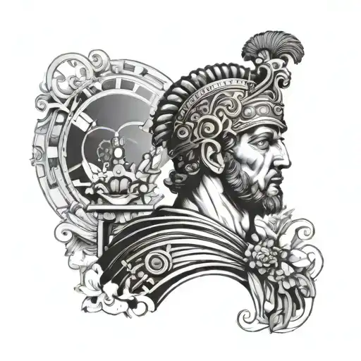A portrait of a Roman emperor with a modern twist, incorporating elements of metal detecting equipment in the background tattoo design idea