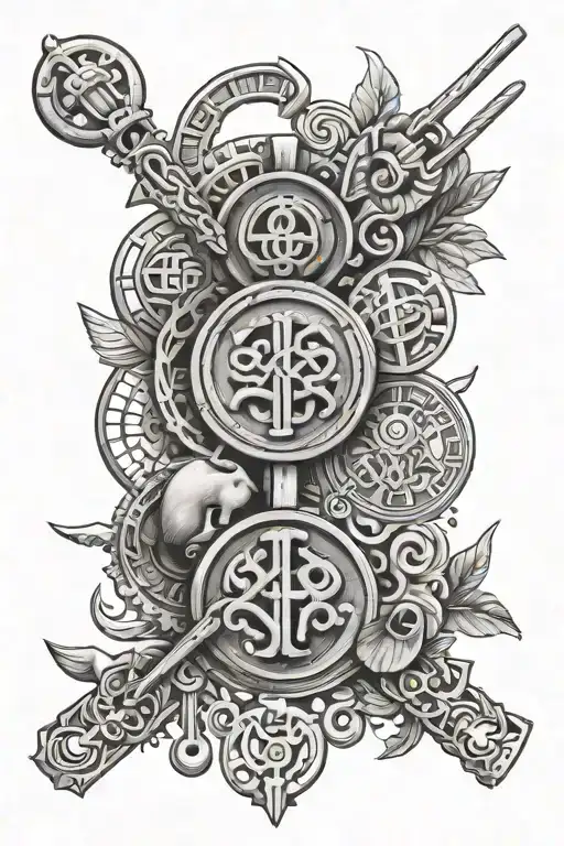 A collage of ancient Roman symbols intertwined with metal detecting tools, creating a unique and meaningful design that reflects the client's interests and passions tattoo design idea
