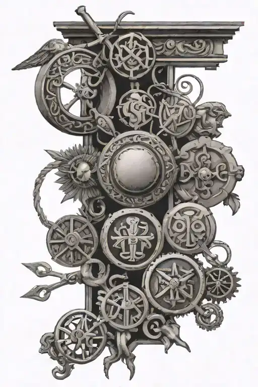 A collage of ancient Roman symbols intertwined with metal detecting tools, creating a unique and meaningful design that reflects the client's interests and passions tattoo design idea