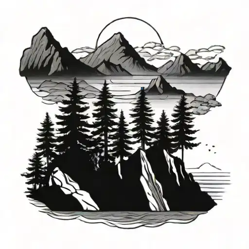 mountains trees ocean tattoo design idea