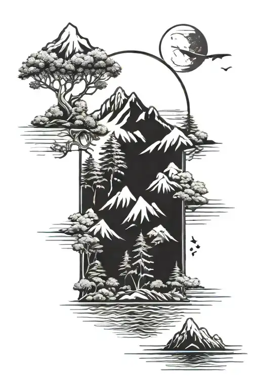 mountains trees ocean tattoo design idea
