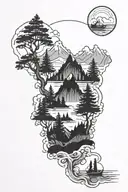 mountains trees ocean tattoo design idea