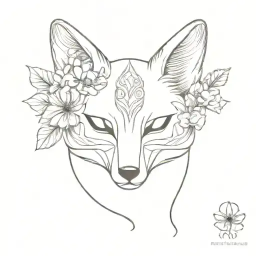 sprig of flowers, kitsune mask tattoo design idea