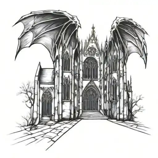 Sketch of a long Gothic cathedral tattoo with huge bat wings windows fear black and white teeth cathedral roof many towers tattoo design idea
