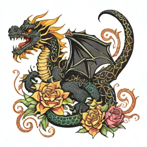 Black dragon wrapping around arm on the background composed of colorful geometric flowers tattoo design idea
