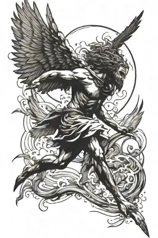 A sketch style tattoo of Icarus flying too close to the sun, with his wings melting and feathers falling tattoo design idea